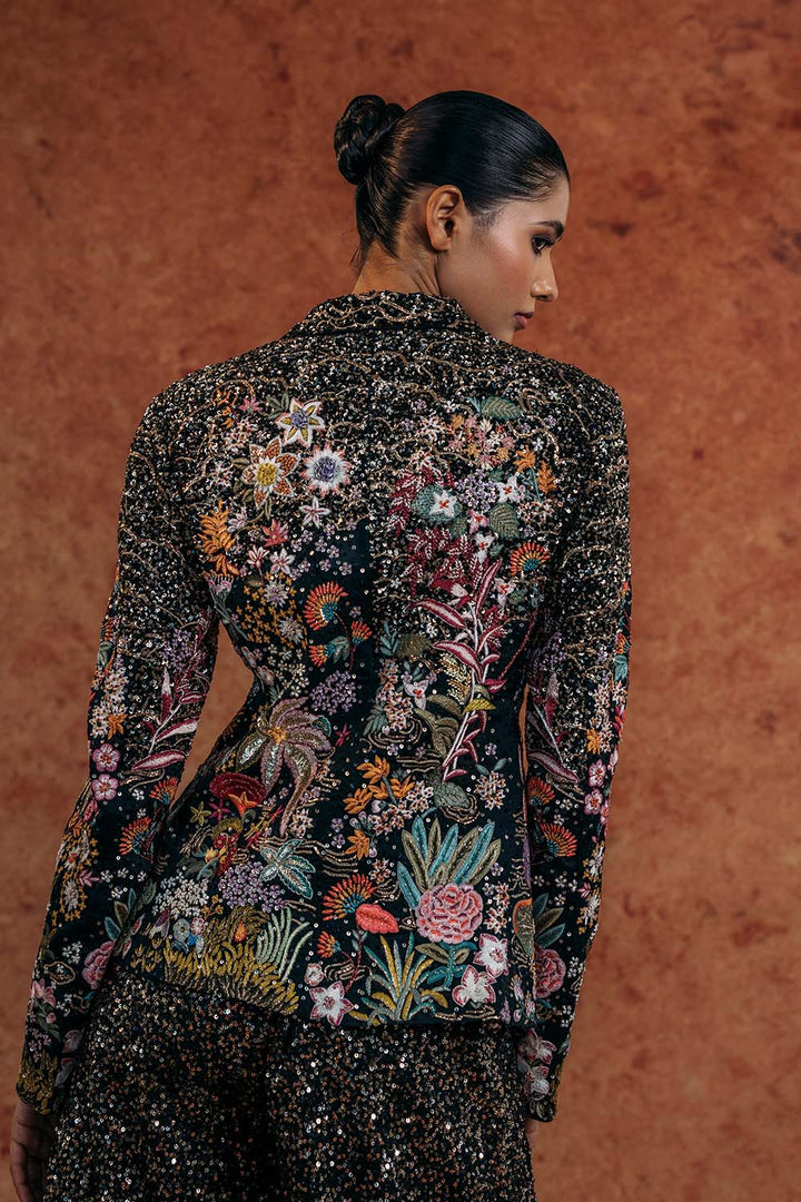 Kayra Hand-Embroidered Jacket with Hand-Embroidered Sharara in Black