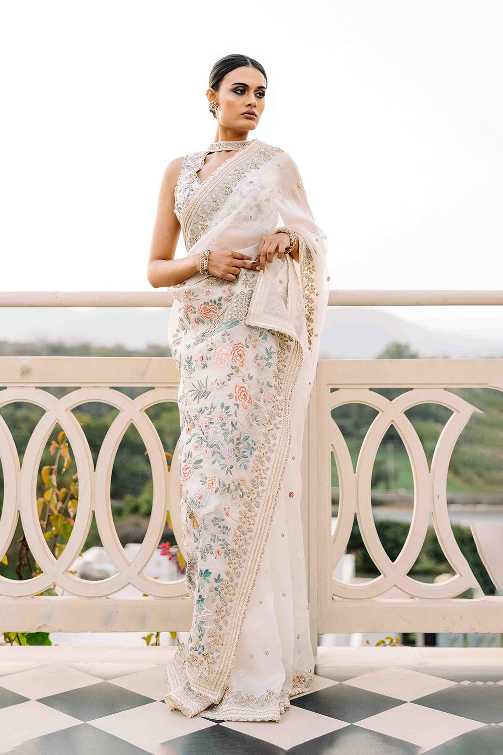 Chikankari Hand Embroidered Silk Organza Saree Set