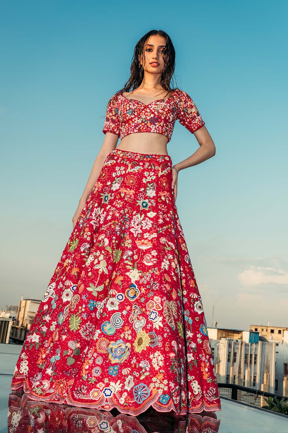 Mushroom Hand-Sequinned Lehenga, Blouse &amp; Gulab Bel Dupatta in Coral, Rose Pink, and Multi