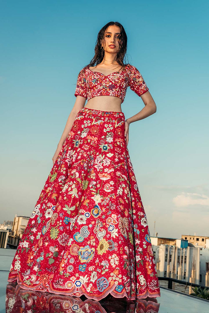 Mushroom Hand-Sequinned Lehenga, Blouse &amp; Gulab Bel Dupatta in Coral, Rose Pink, and Multi