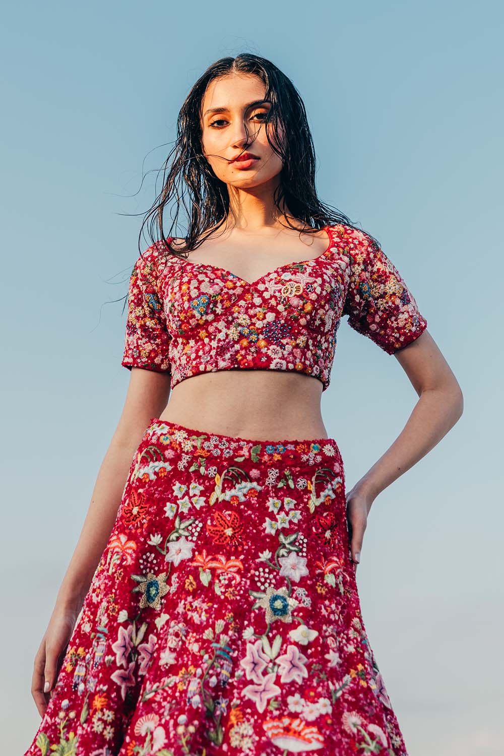 Mushroom Hand-Sequinned Lehenga, Blouse &amp; Gulab Bel Dupatta in Coral, Rose Pink, and Multi