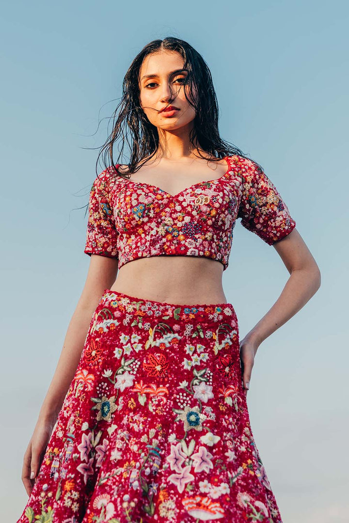 Mushroom Hand-Sequinned Lehenga, Blouse &amp; Gulab Bel Dupatta in Coral, Rose Pink, and Multi