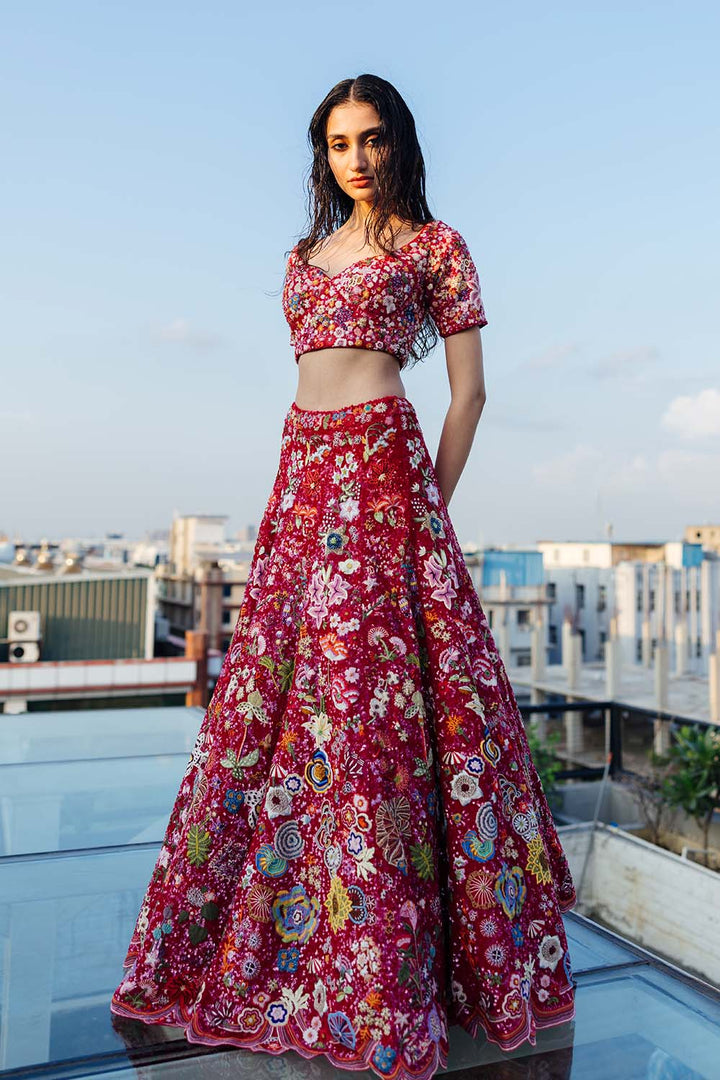 Mushroom Hand-Sequinned Lehenga, Blouse &amp; Gulab Bel Dupatta in Coral, Rose Pink, and Multi