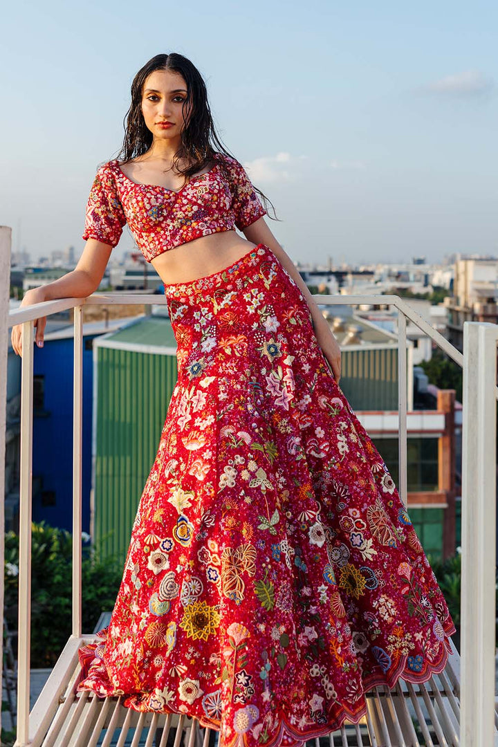 Mushroom Hand-Sequinned Lehenga, Blouse &amp; Gulab Bel Dupatta in Coral, Rose Pink, and Multi