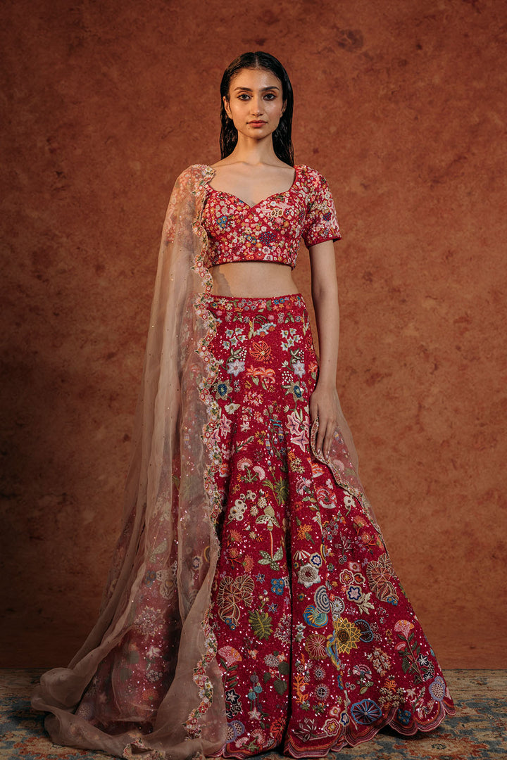 Mushroom Hand-Sequinned Lehenga, Blouse &amp; Gulab Bel Dupatta in Coral, Rose Pink, and Multi