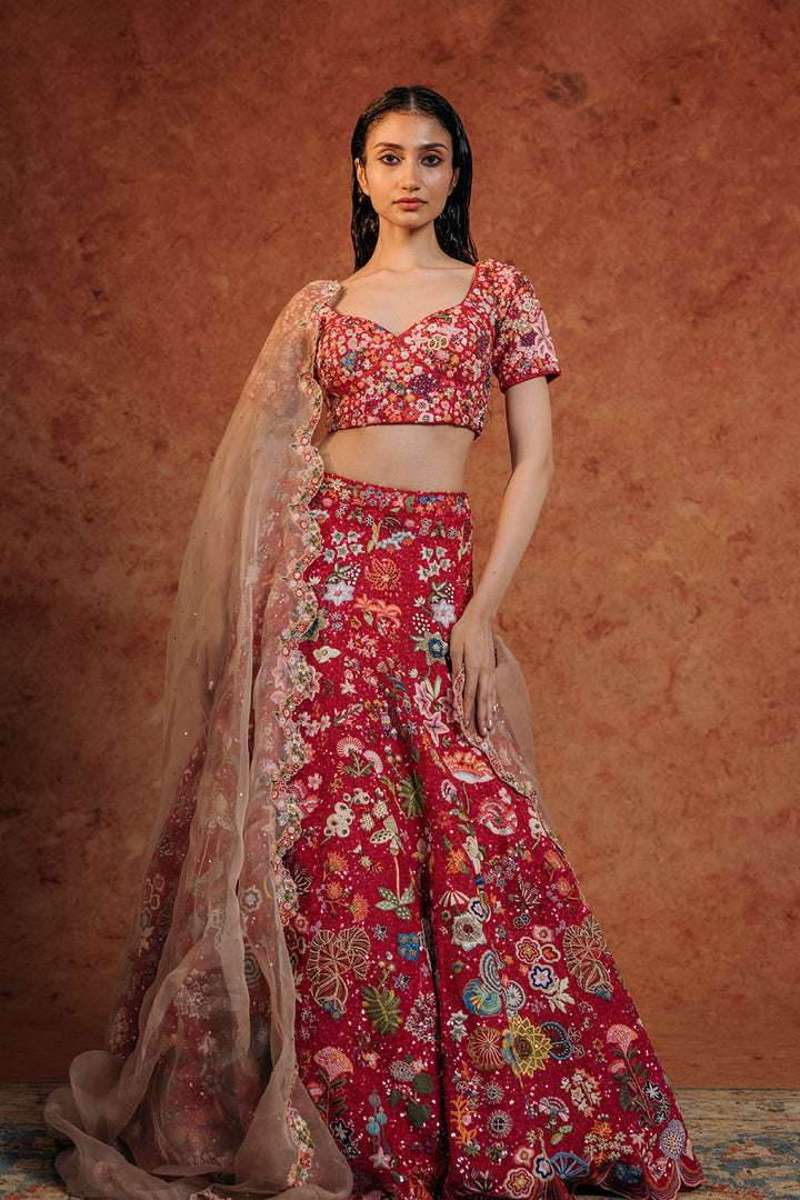 Mushroom Hand-Sequinned Lehenga, Blouse &amp; Gulab Bel Dupatta in Coral, Rose Pink, and Multi