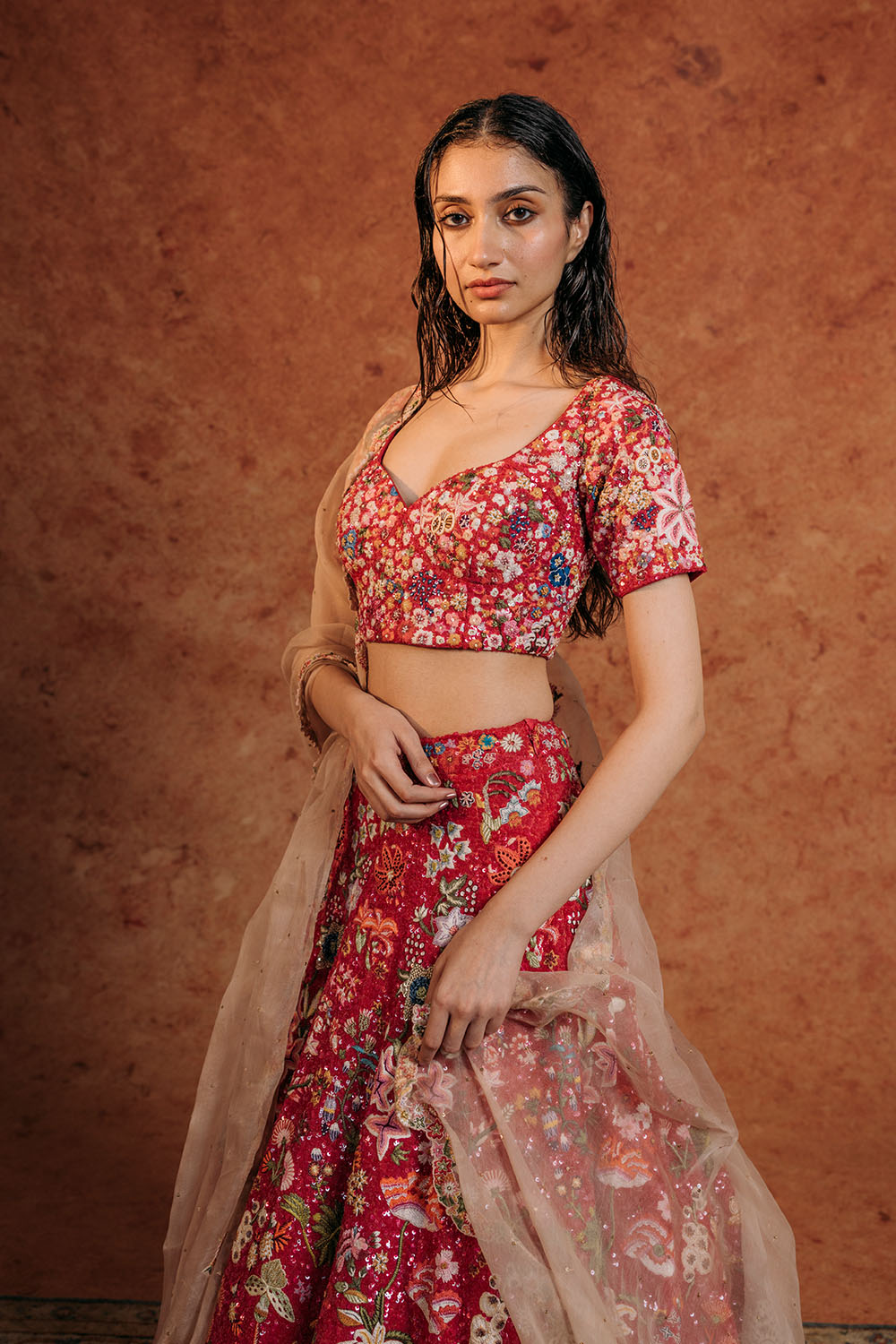 Mushroom Hand-Sequinned Lehenga, Blouse &amp; Gulab Bel Dupatta in Coral, Rose Pink, and Multi