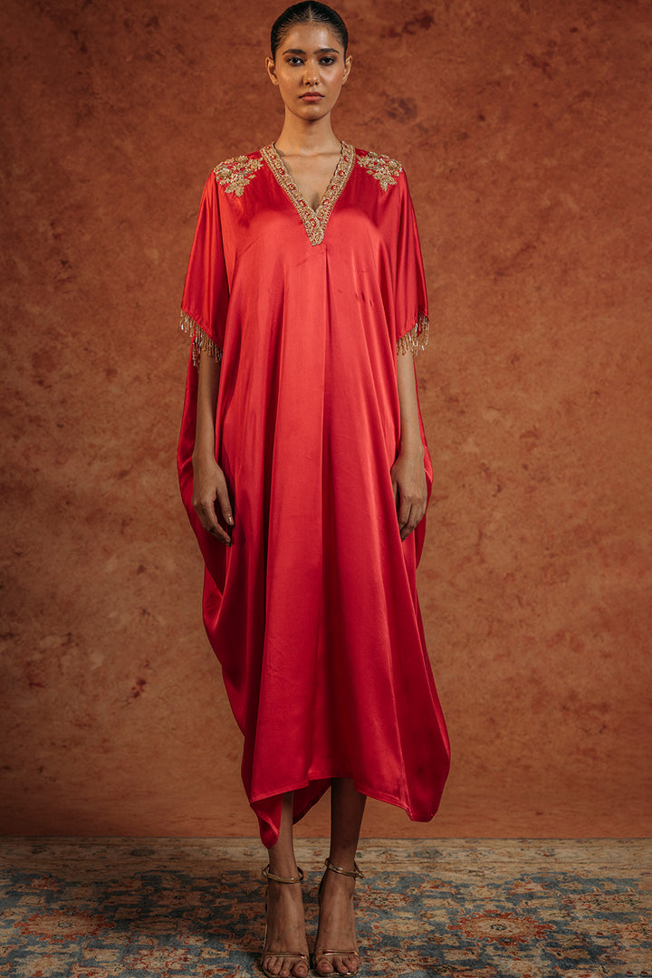 Himadri Silk Satin Kurta in Ruby
