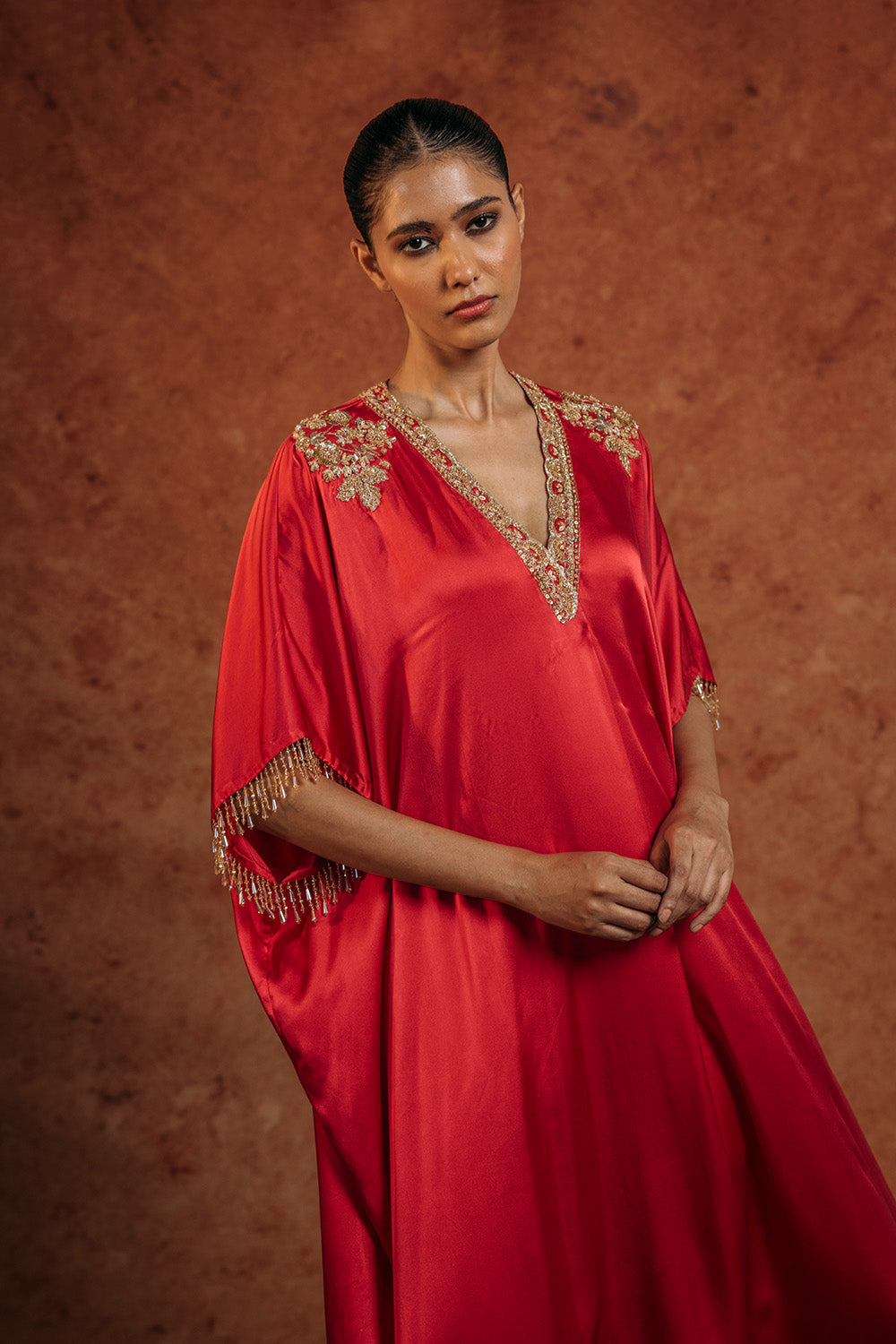 Himadri Silk Satin Kurta in Ruby