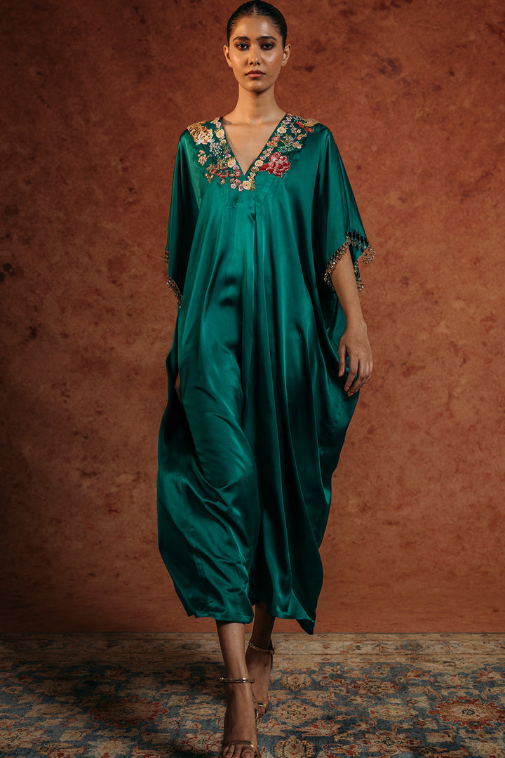 Sundarbans Silk Satin Kaftan in Emerald Green