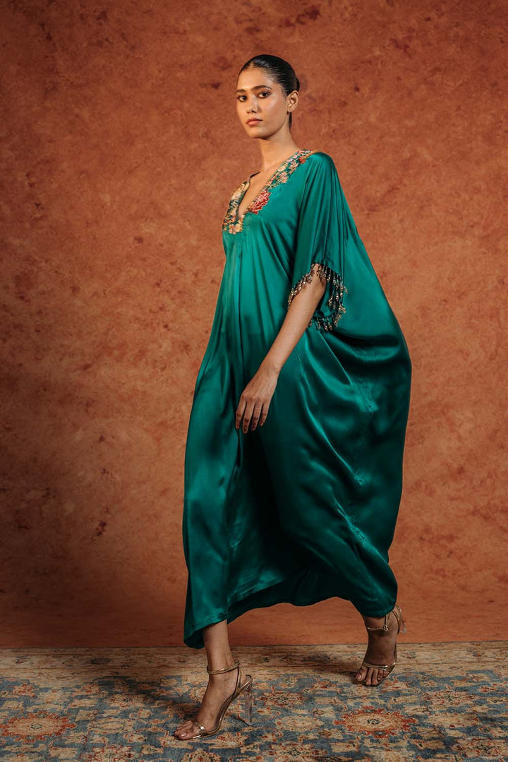 Sundarbans Silk Satin Kaftan in Emerald Green