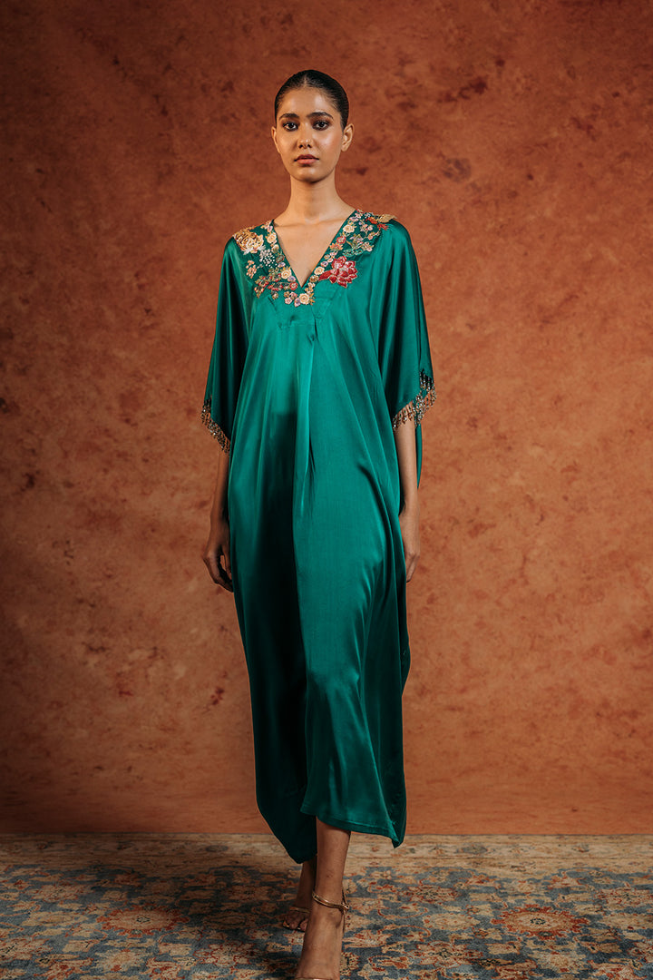 Sundarbans Silk Satin Kaftan in Emerald Green