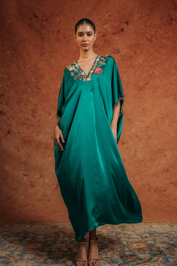 Sundarbans Silk Satin Kaftan in Emerald Green