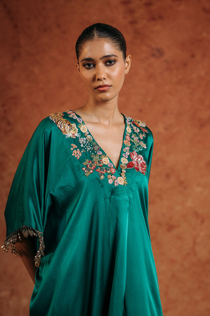 Sundarbans Silk Satin Kaftan in Emerald Green