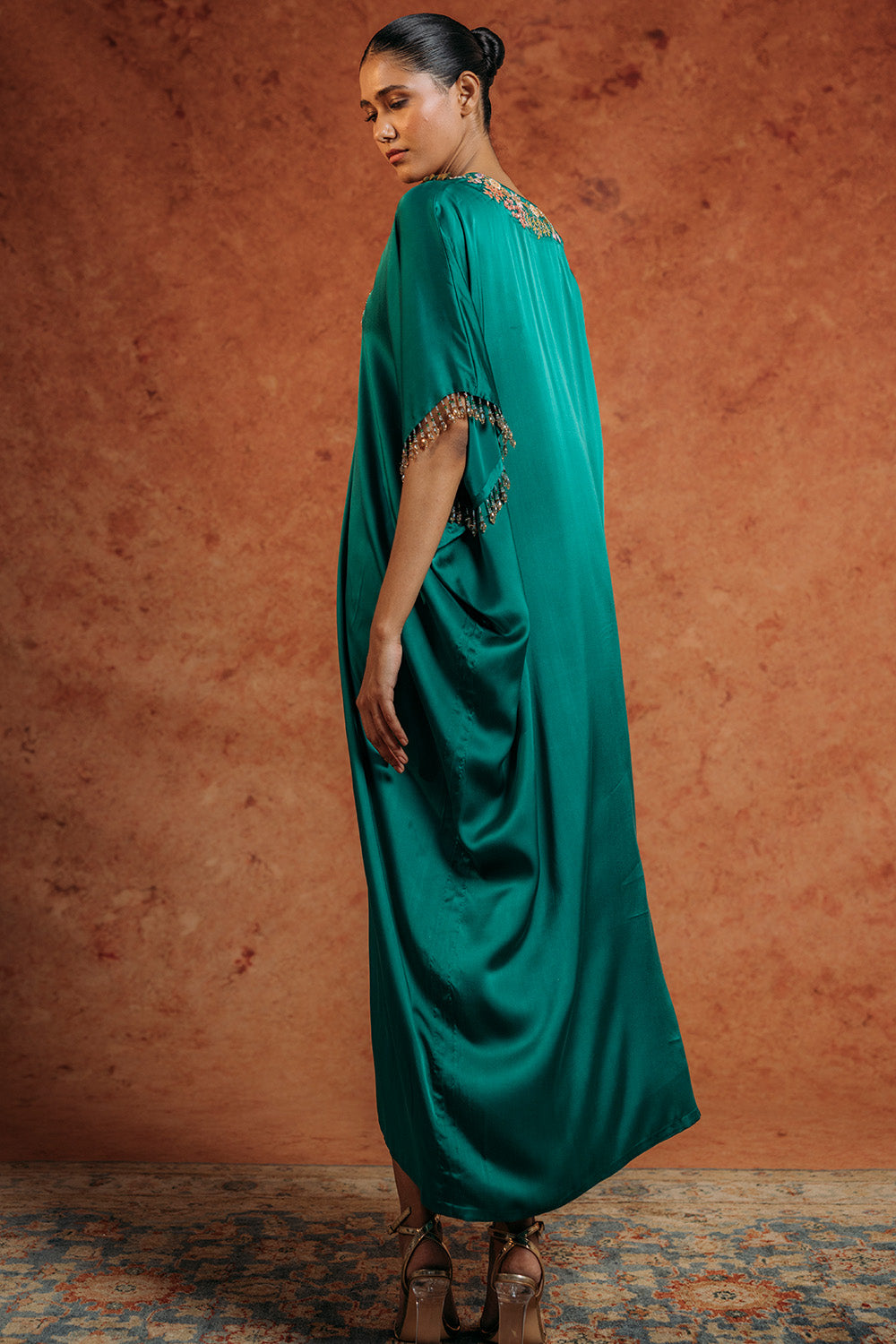 Sundarbans Silk Satin Kaftan in Emerald Green