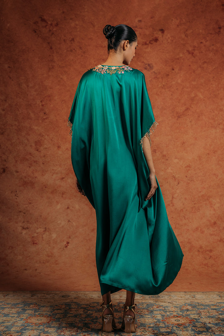 Sundarbans Silk Satin Kaftan in Emerald Green