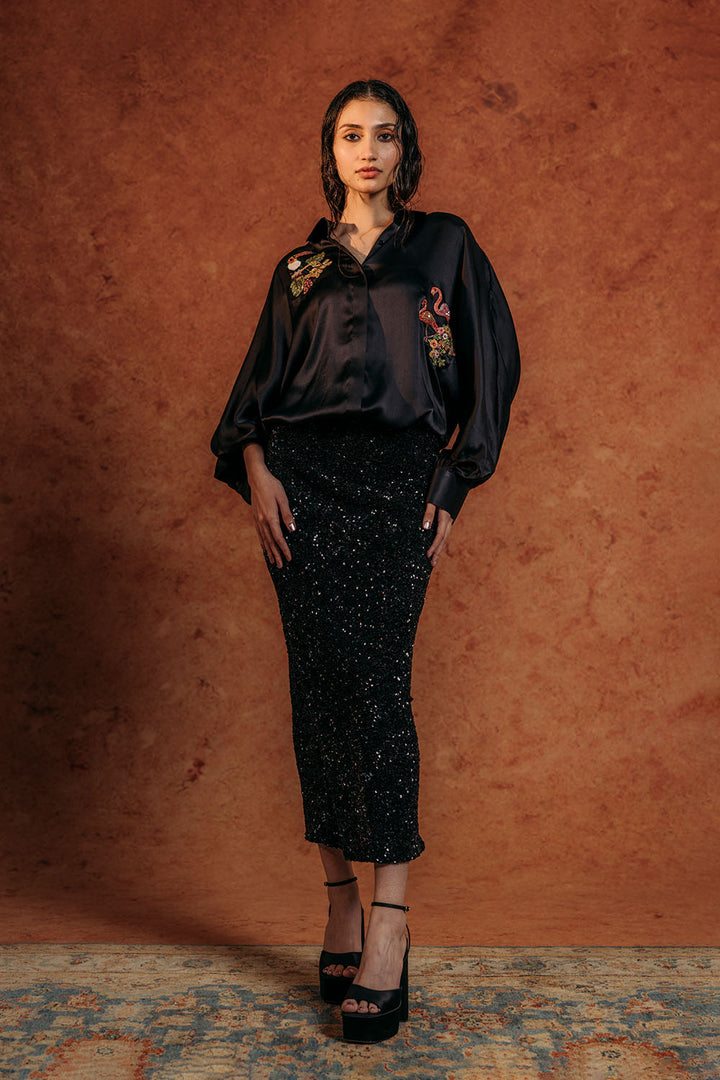 Sundarbans Silk Satin Shirt in Black