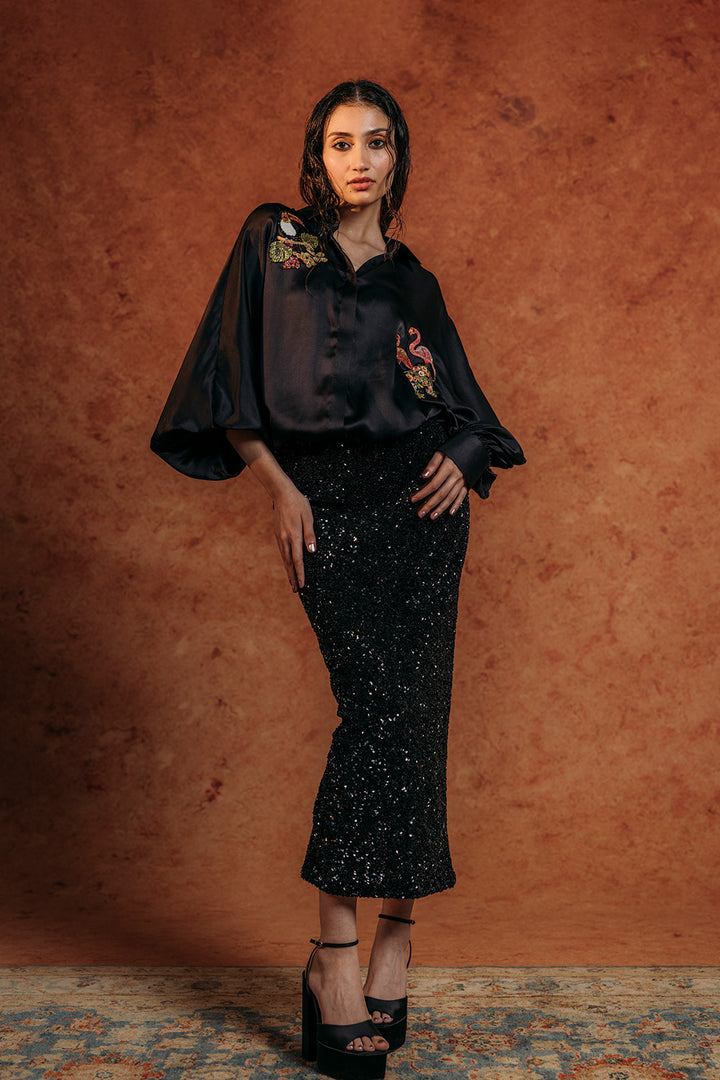Sundarbans Silk Satin Shirt in Black