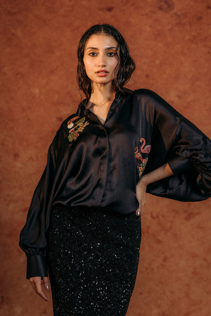 Sundarbans Silk Satin Shirt in Black