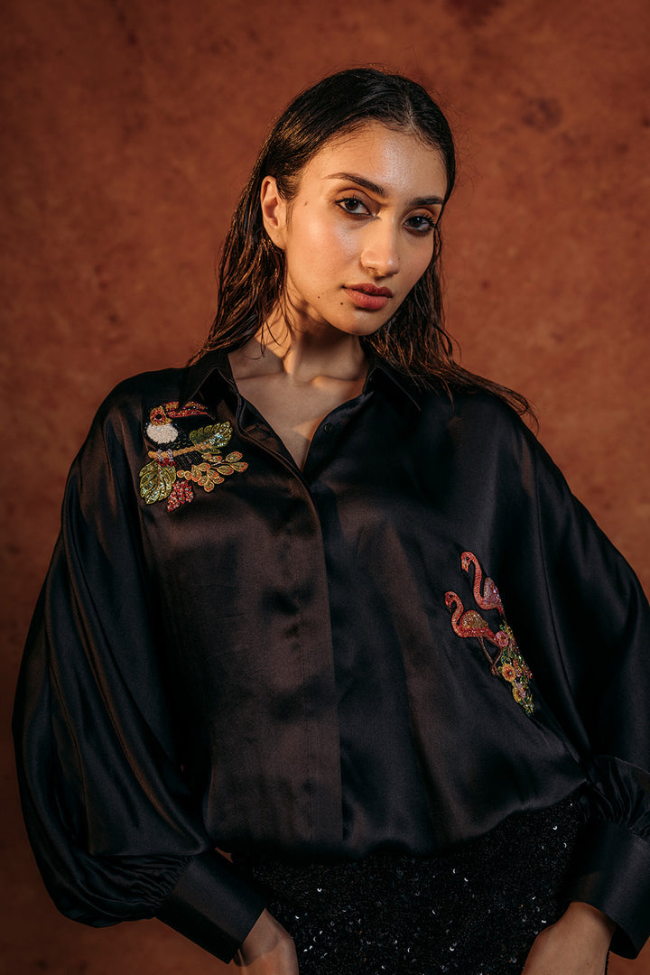 Sundarbans Silk Satin Shirt in Black