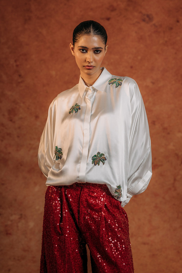 Palm Silk Satin Shirt in Ivory