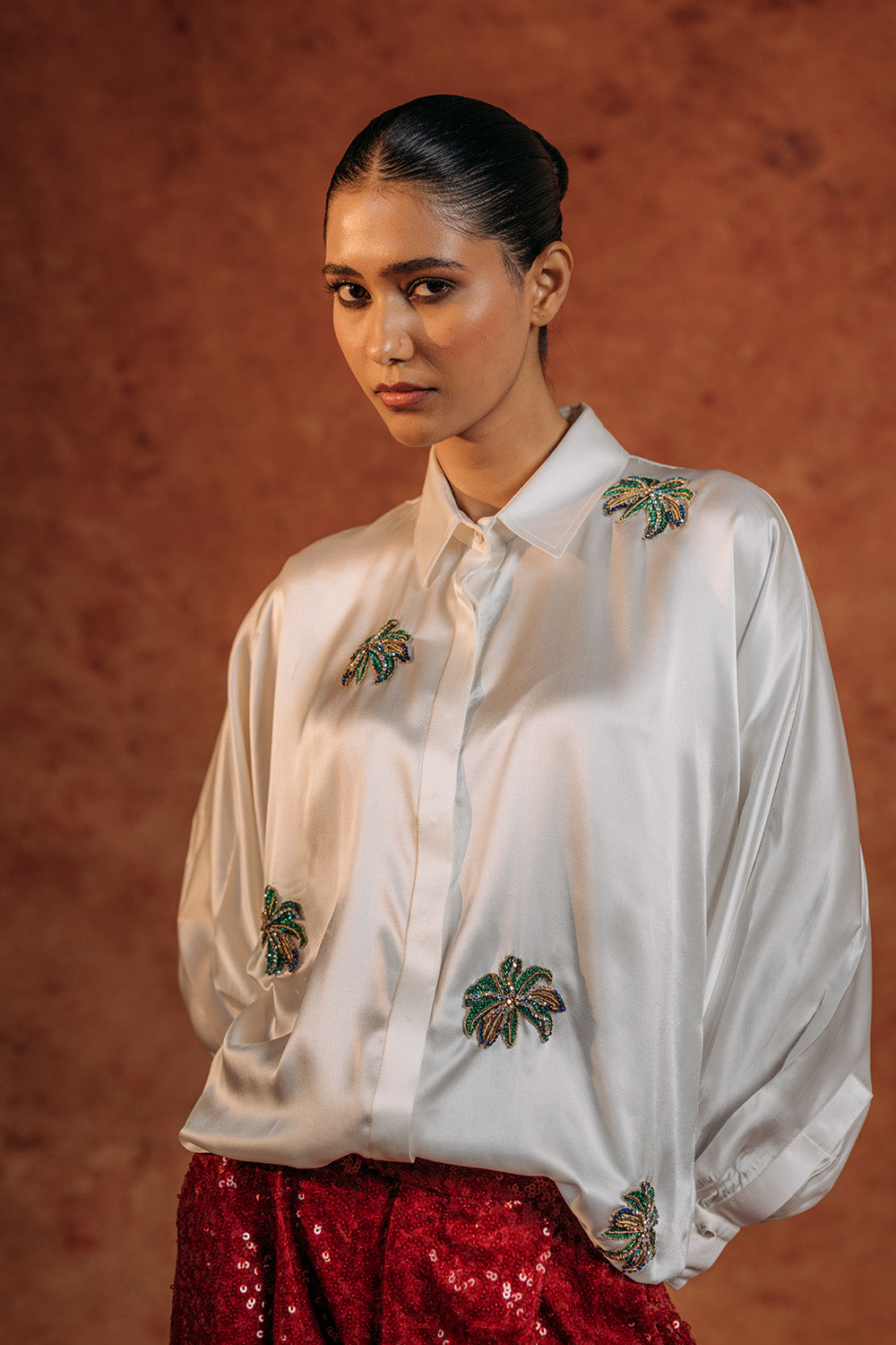 Palm Silk Satin Shirt in Ivory
