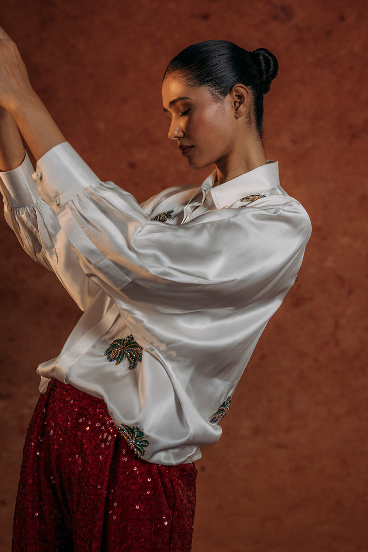 Palm Silk Satin Shirt in Ivory