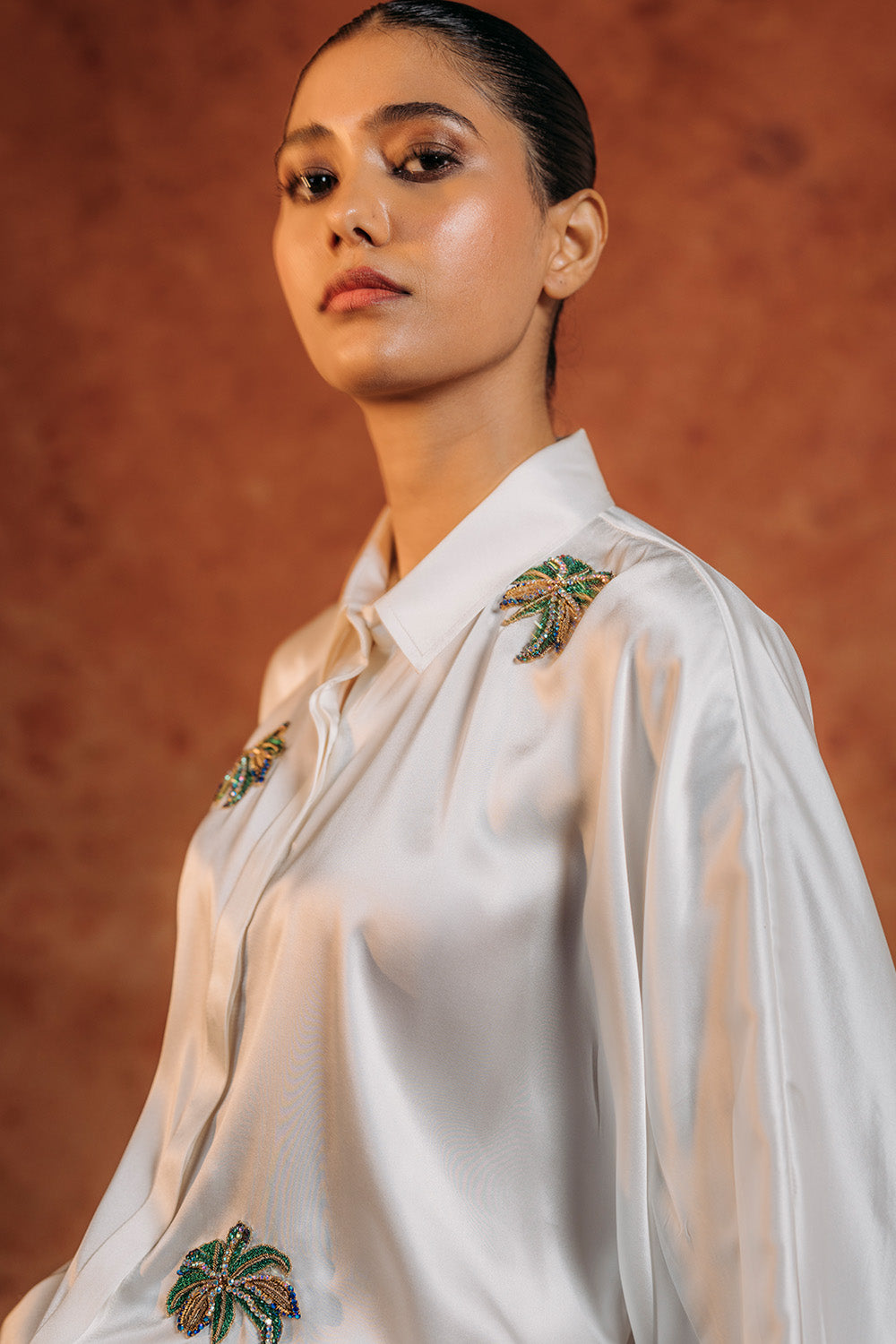 Palm Silk Satin Shirt in Ivory