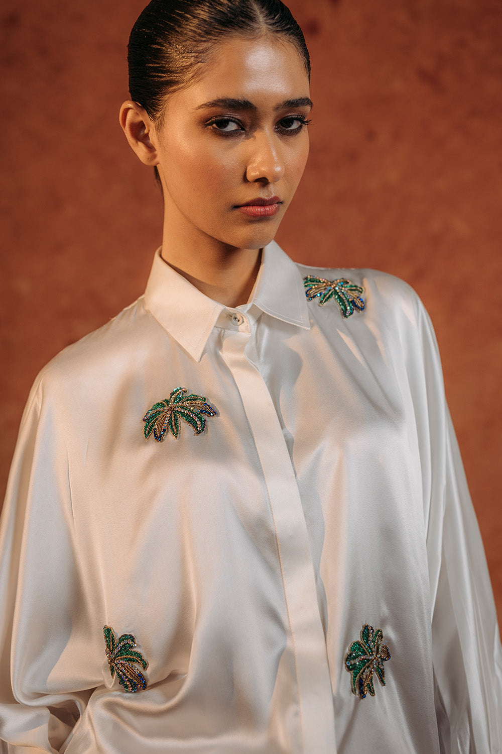 Palm Silk Satin Shirt in Ivory
