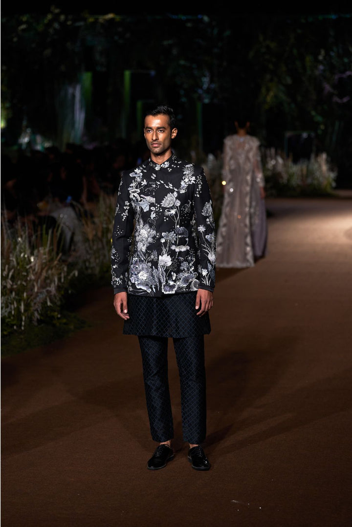 Sundarbans Hand-Embroidered Bandhgala with Classic Kurta and Trousers in Black and Grey