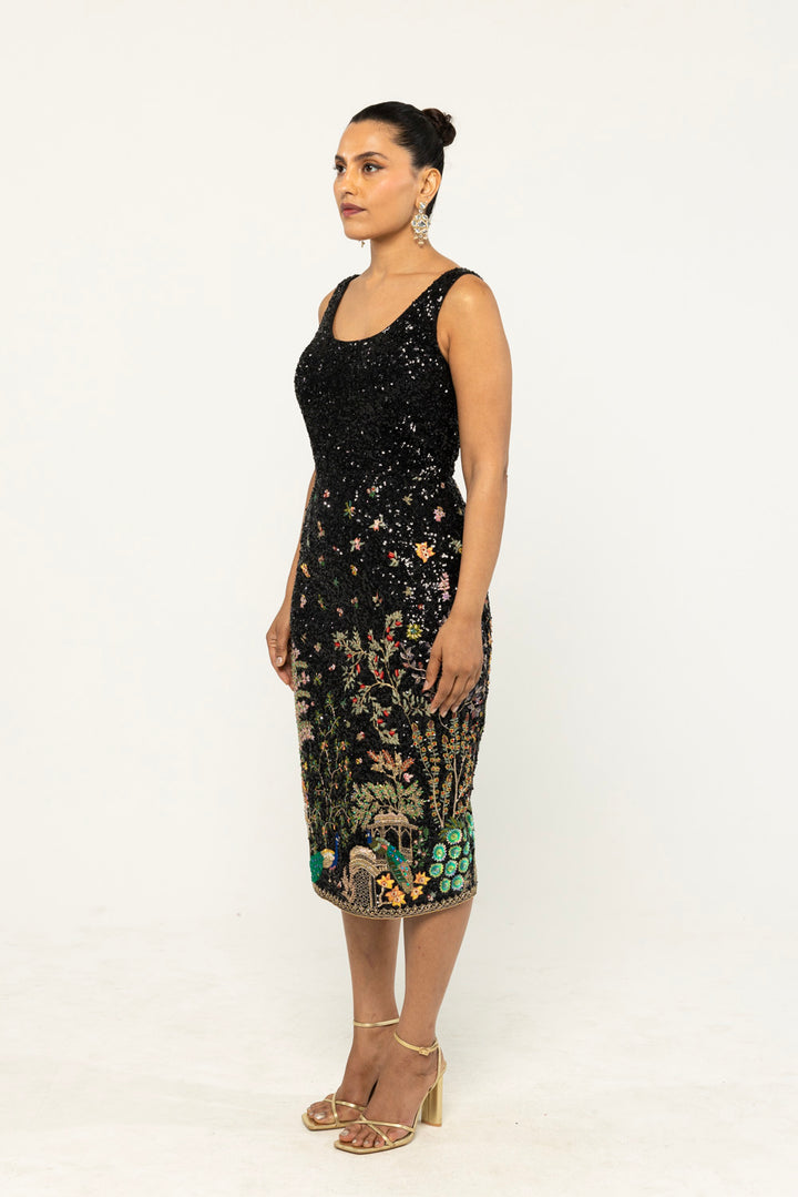 Jharokha Hand-Embroidered Dress in Black