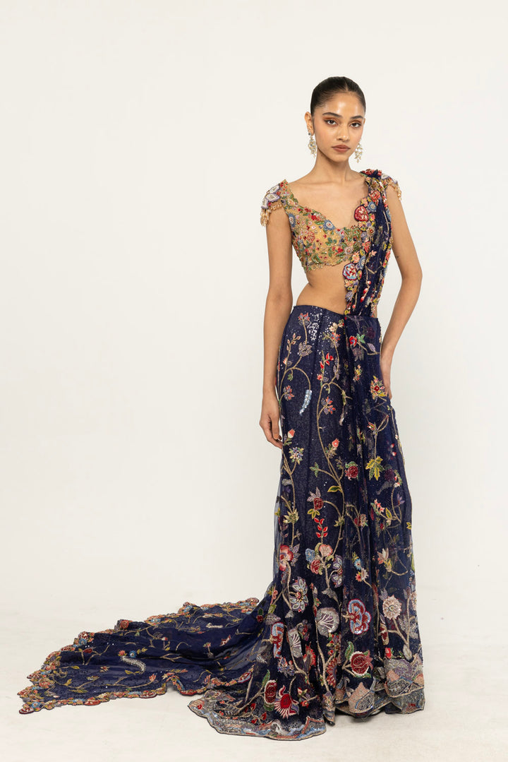 Anar Bel Hand-Embroidered Saree Set in Navy