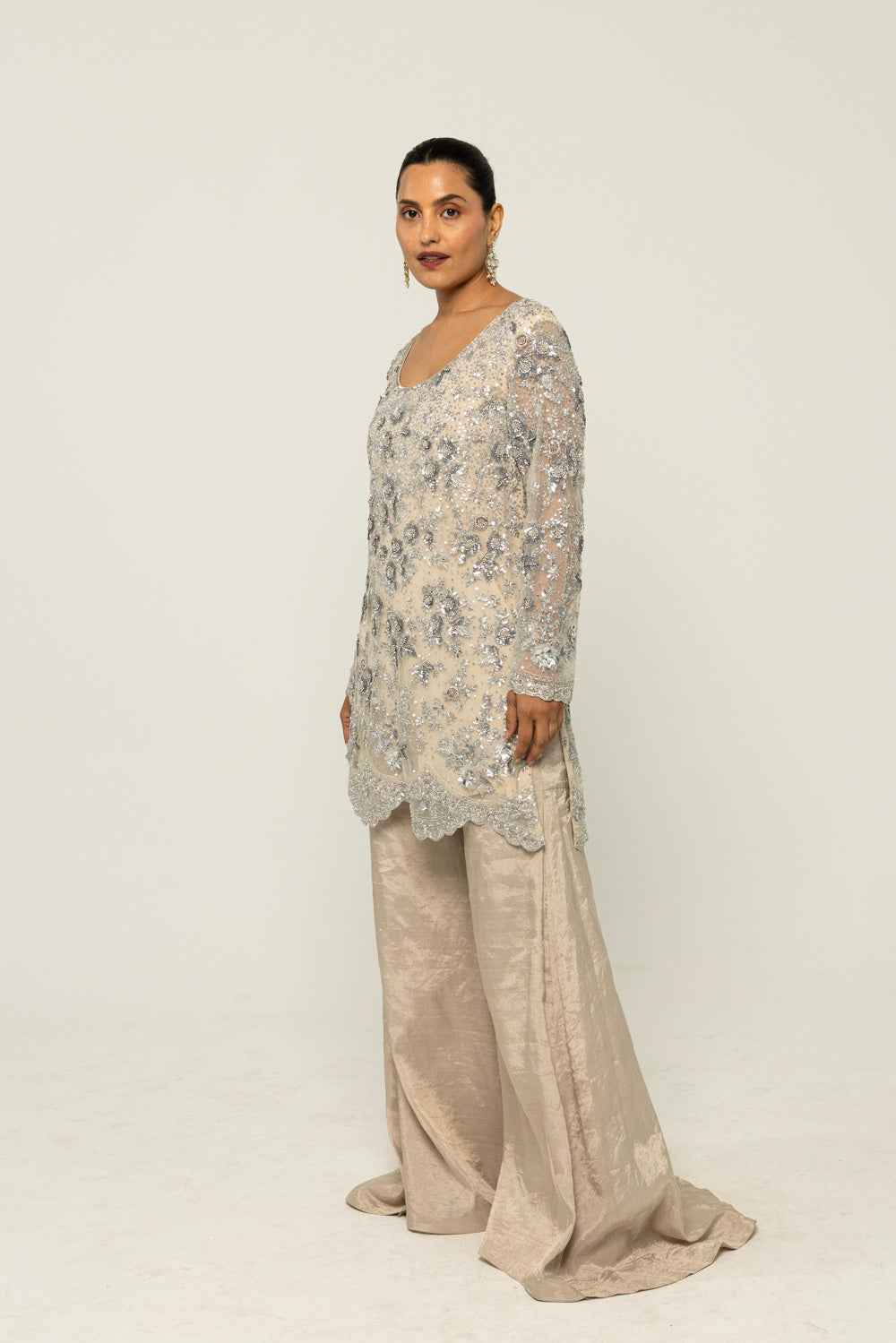 Himadri Hand-Embroidered Sharara Set in Silver