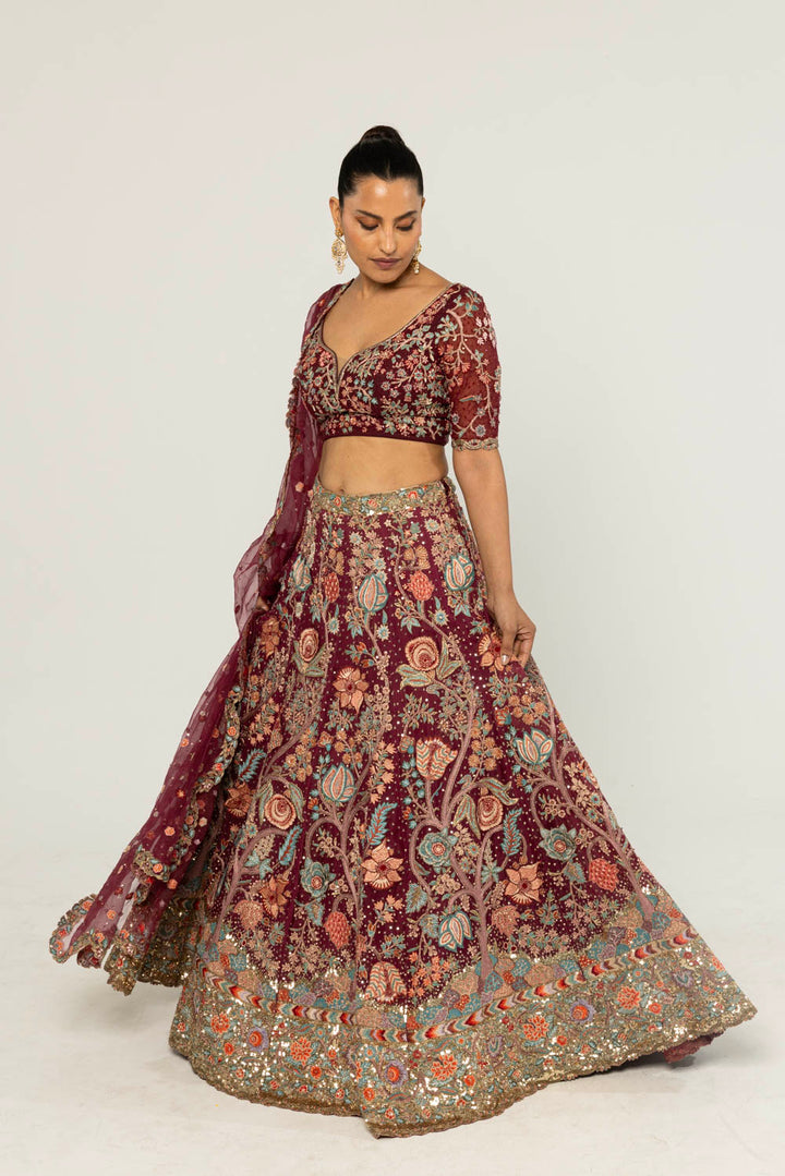 Chintz Hand-Embroidered Lehenga Set in Burgundy