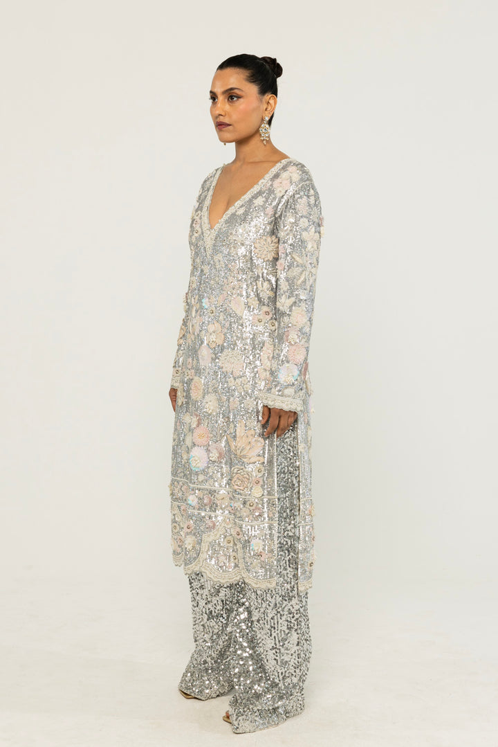 Himadri Hand-Embroidered Kurta Set in Silver