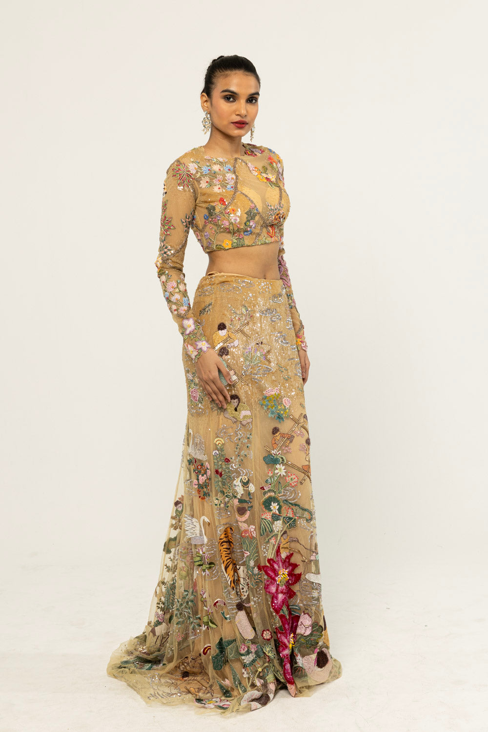Sundarbans Hand-Embroidered Skirt Set in Nude