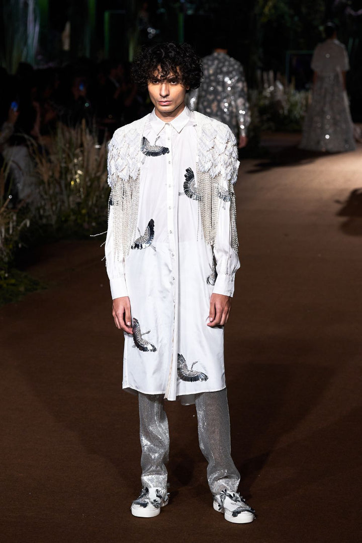 Kingfisher Bird Hand-Embroidered Shirt with Iris Cape and Sequinence Hand-Sequinned Trousers in Ivory, Gold, and Silver