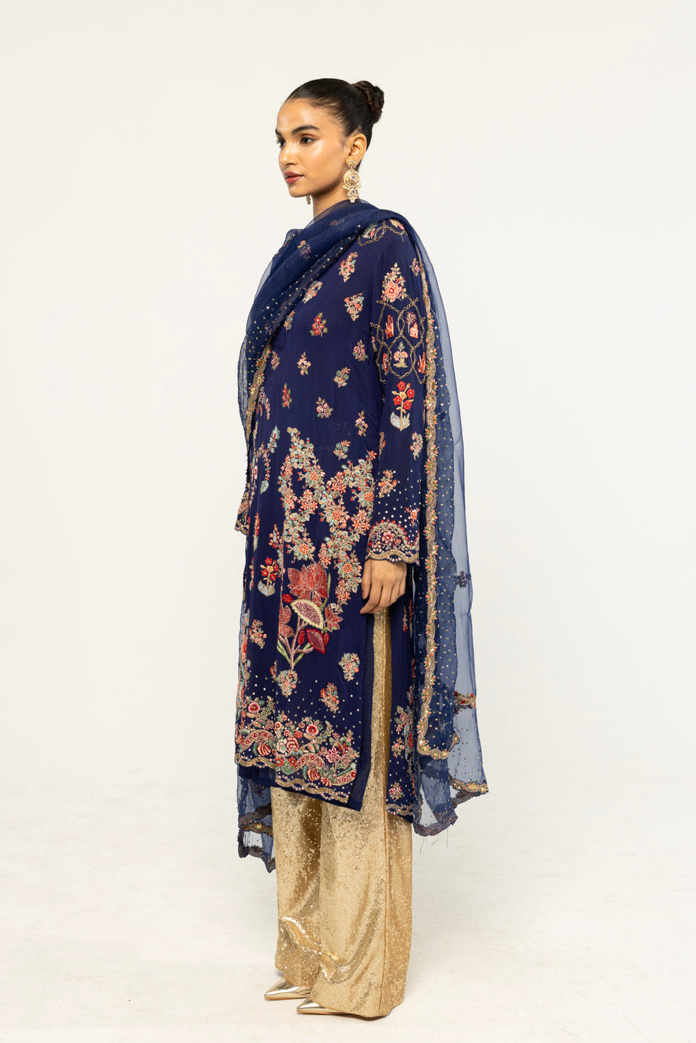 Chintz Hand-Embroidered Kurta Set in Navy