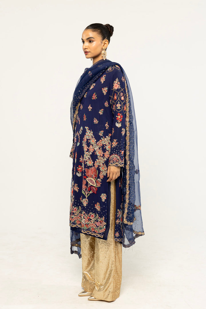 Chintz Hand-Embroidered Kurta Set in Navy