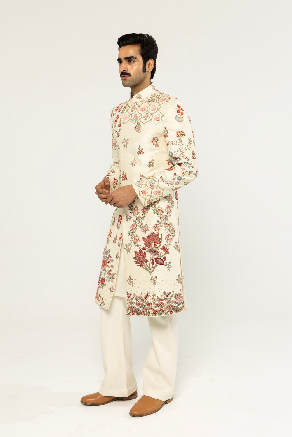 Chintz Hand-Embroidered Sherwani in Off White