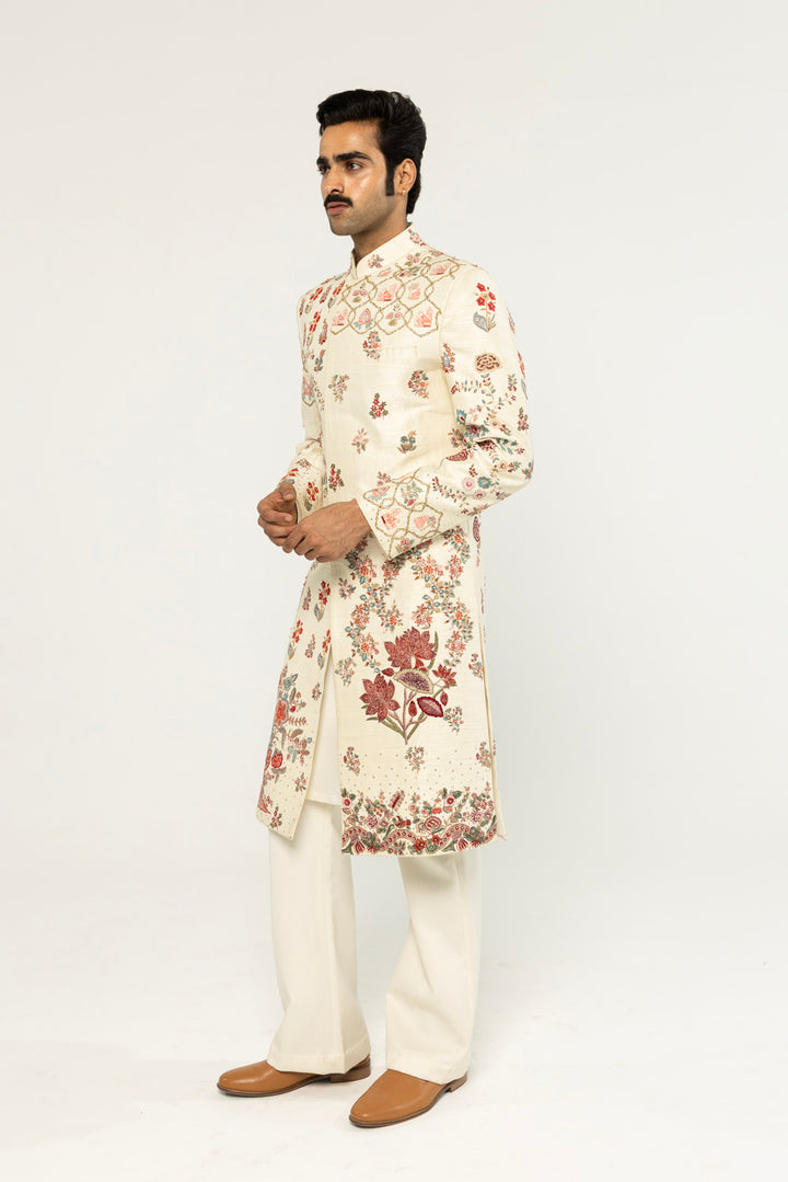 Chintz Hand-Embroidered Sherwani in Off White