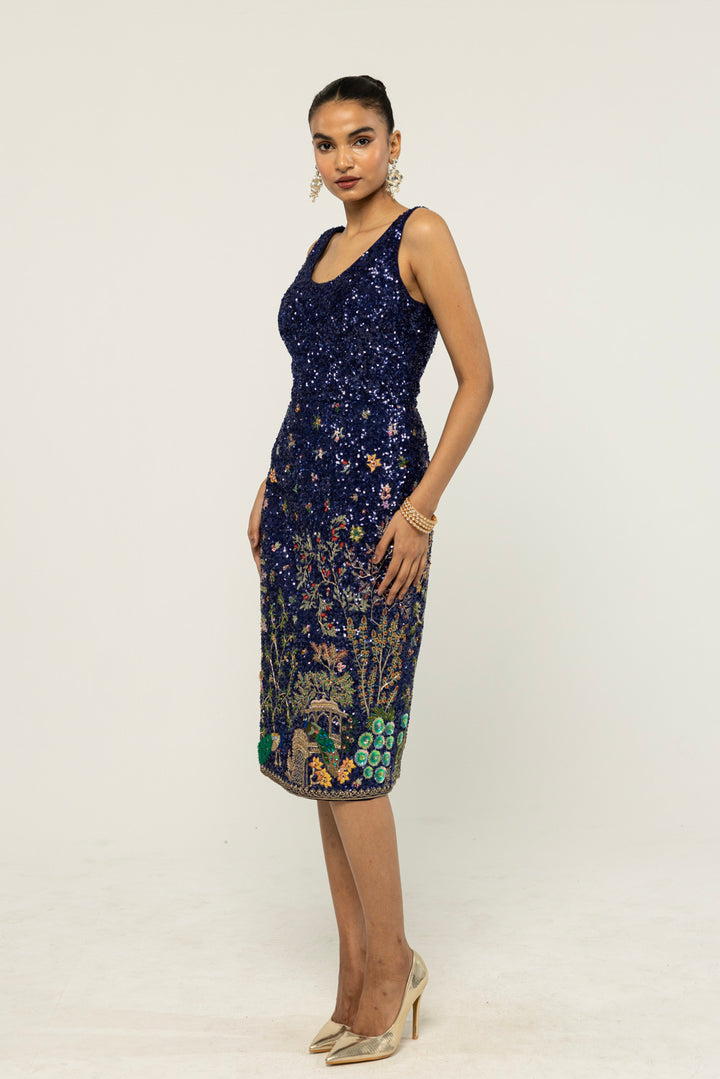 Jharokha Hand-Embroidered Dress in Navy