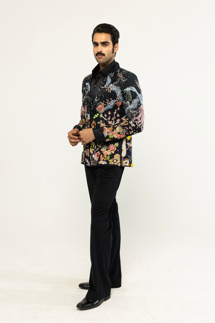 Cosmos Hand-Embroidered Jacket in Black