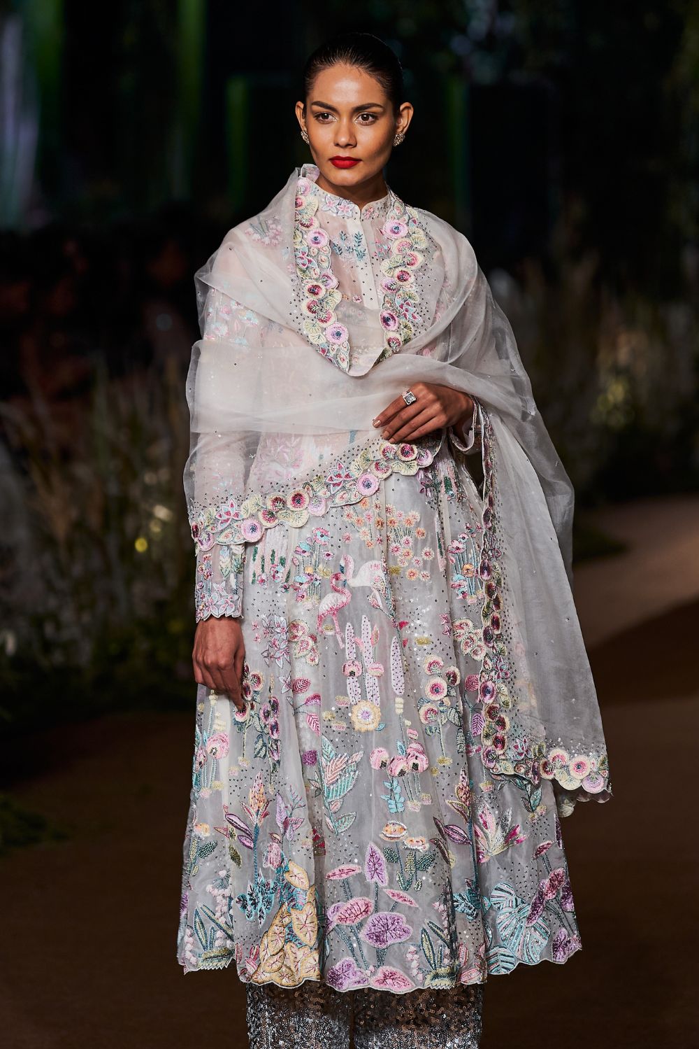 Verdure Pastel Silk Organza Kurta with Dupatta and Sequinence Hand-Sequinned Trousers in Ivory, Multi, and Silver