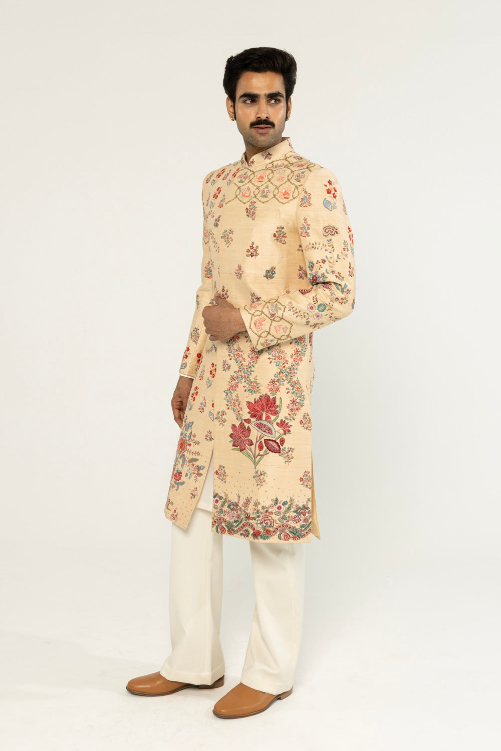 Chintz Hand-Embroidered Sherwani in Tea Stain
