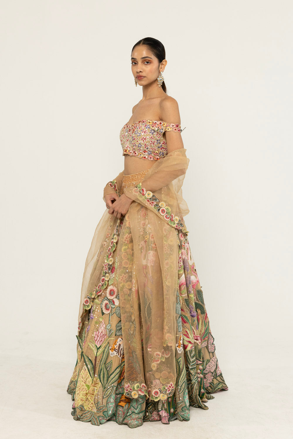 Verdure Hand-Embroidered Lehenga Set in Nude