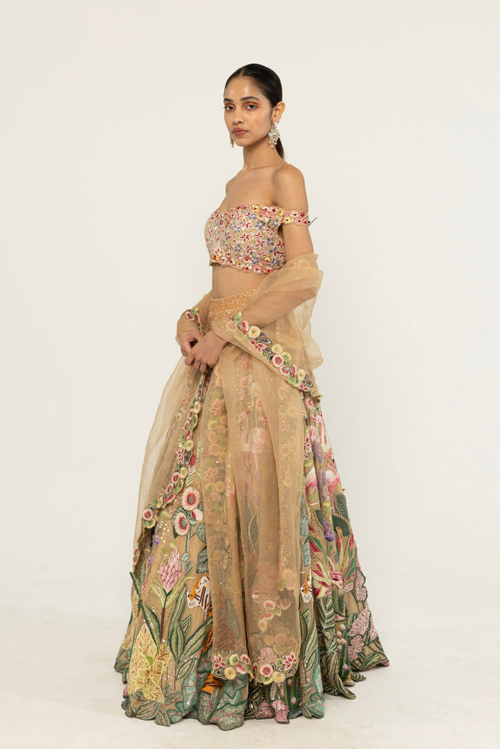 Verdure Hand-Embroidered Lehenga Set in Nude