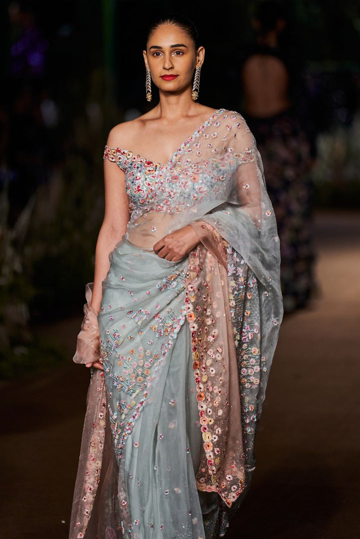 Verdure Pastel Silk Organza Saree with Hand-Embroidered Blouse and Silk Organza Dupatta in Mint, Rose Pink, and Multi