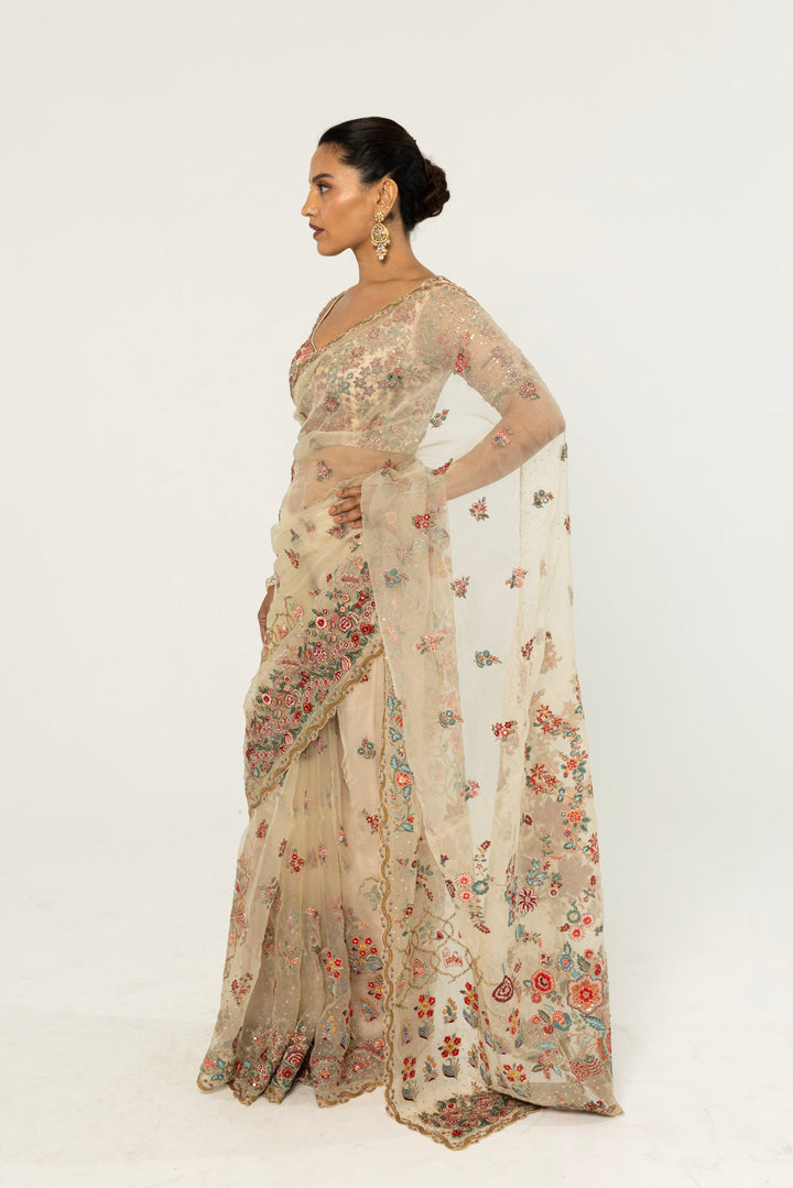 Chintz Hand-Embroidered Saree in Ivory