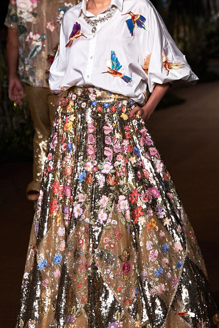 Sundarbans Silk Organza Lehenga with Kingfisher Bird Hand-Embroidered Shirt in Gold, Ivory, and Multi
